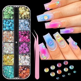 3D Aurora Bubble Nail Beads, Mixed Crystal Mermaid Beads for Nails, Nail Art Rhinestones Set with Tweezers, Colored Pearls for Nails, Y2K Nail Charms, Flatback Diamond Gems Decoration Supplies