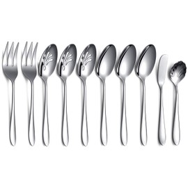 10-Piece Serving Flatware Silverware Set,Stainless Steel Serving Utensil Set,Include Slotted Serving Spoon, Serving Spoon, Butter Knife, Sugar Spoon, Serving Fork(Silver)