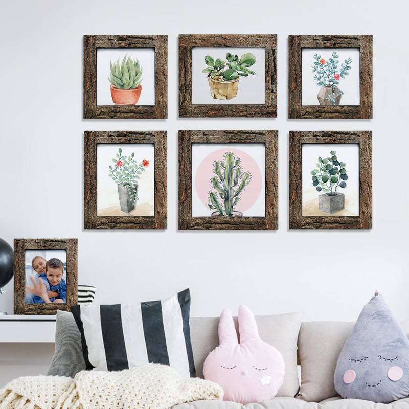 IKEREE 5x7 Rustic Picture Frames with Real Bark, Made of
