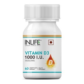INLIFE Vitamin D3 Cholecalciferol Supplement for Men Women 1000 IU - 60 Liquid Filled Capsules