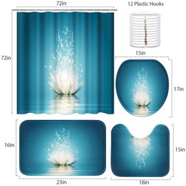 Britimes 4 Piece Shower Curtain Sets, with 12 Hooks, Magic Lotus Flower Turquoise Zen with Non-Slip Rugs, Toilet Lid Cover and Bath Mat, for Bathroom Decor Set, 72" x 72"