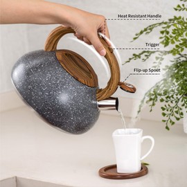 Tiilan Tea Kettle for Stovetop, Whistling Stove Top Tea Kettles w/Wood Grain Handle and Spout, Stainless Steel Tea Pot, 2.7 Quart/3 Liters, Light Gray