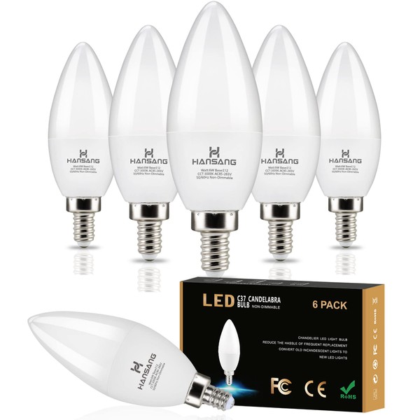 hansang E12 LED Candelabra Bulbs 3000K Soft White 6W 60Watt Equivalent, B11 Ceiling Fan Light Bulbs Small Base, C37 Type B Light Bulb for Chandelier, 600 Lumen, Non-dimmable, 6 Pack