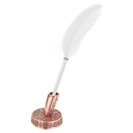 PATIKIL White Feather Ballpoint Pens Bulk, Metal Holder Black Ink Vintage Quill Writing Pens for Office, Wedding Signature, Red Bronze