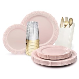 " OCCASIONS " 640 Piece set (80 Guests)-Vintage Wedding Party Disposable Plastic Plates & cutlery -80x10.25''+ 80x7.5'' + Silverware+Gold rim Cups+Napkins (Portofino Light Pink)