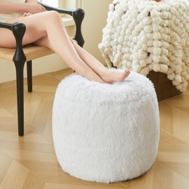 XeGe Fluffy Faux Fur Inflatable Pouf Ottoman, Comfy Shaggy Fuzzy Foot Stool Anti-Slip, Plush Foot Rest Floor Pouf Home Decorative, Foldable Round Ottoman Cushion for Living Room Bedroom, White