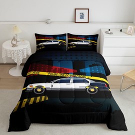 Feelyou Police Car Bedding Set Policeman Vehicle Boys Comforter Set for Kids Teens Soft Automobile Comforter Emergency Responder Vehicles Duvet Set Room Decor Twin Size Quilt Boys
