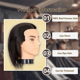 Eumos Mannequin Head, Male Mannequin Head with 100% Human Hair 12'' Barber Mannequin Head Hairdresser Manikin Training Head for Hair Practice Cutting Styling(Black)