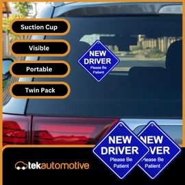 Tek Automotive New Driver Please Be Patient Car Sign – Twin Pack, 14x14cm Screen Printed Vinyl, Maximum Visibility, Easy Install with Window Sucker – Perfect for New Drivers