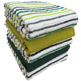 Olivia Rocco 5 Pack Striped Kitchen Tea Towels Cotton Super Absorbent Quick Drying Soft Ribbed Waffle Pot Towel, Green
