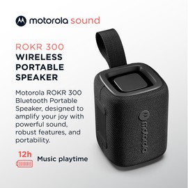 Motorola ROKR 300 Wireless Portable Bluetooth Speaker with Dual Built-in Passive Radiators, IP67 Water and Dust Resistant, Clear Vocals, Compatible with iPhone, Black
