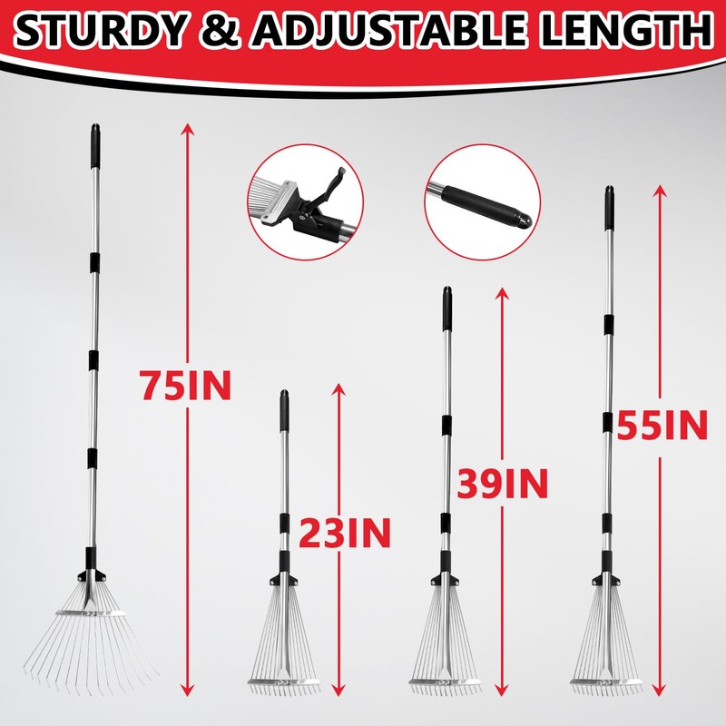 Leaf Rake Adjustable 23" to 75" - Stainless stelel Rake