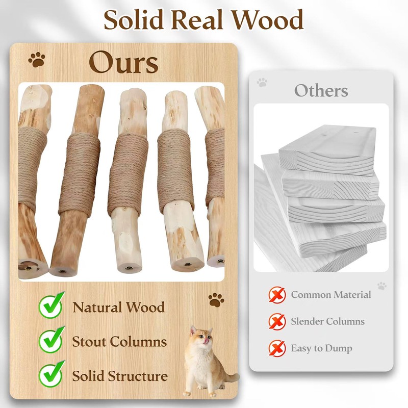 HITTITE Natural Solid Wood Cat Tree Tower with Scratching Post,