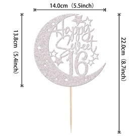 1 decoración para tartas con purpurina de luna y estrella de luna de 16 cumpleaños, decoración para tartas de cumpleaños de 16 años, suministros de fiesta de cumpleaños, color plateado