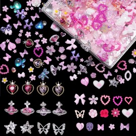3D Pink Assorted Alloy Nail Charms Planet Heart Butterfly Star Metal Nail Charms Pink Heart Flower Butterfly Bows 3D Nail Pearls Charms for Manicure DIY Crafts Jewelry Accessories Valentines
