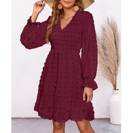 BTFBM Women V Neck Smocked Short Dress Long Sleeve Flowy Casual Swiss Dot Ruffle Chiffon Mini Summer Fall Dresses 2024(Solid Wine Red, Medium)