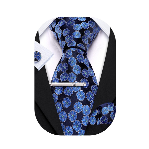 Barry.Wang Juego de 4 gemelos cuadrados para hombre, diseño de flores de cachemira sedosas, para bodas y hombres, azul Flower Pattern, Talla única