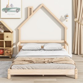 Luxo Abode Full Size Montessori Floor Bed with Guardrails and Slats, Pine Wood Bed Frame w/Chimney House-Shaped Headboard, Easy Assembly, for Toddlers, Children's Room, Playroom, Natural