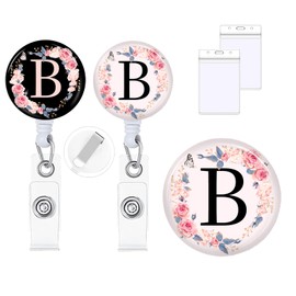 2Pcs A-Z Letter Badge Reels with Vertical Clear Plastic ID Card Holders (2.5" x 3.7") Retractable Name Tag ID Clip Holder Nursing Student RN Pediatric Teacher Office Work Accessories B