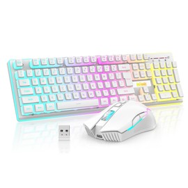 RedThunder K10 Wireless Gaming Keyboard and Mouse Combo, RGB Backlit Rechargeable 3800mAh Battery, Mechanical Feel Anti-ghosting Keyboard + 7D 3200DPI Mice for PC Gamer(White Pudding)