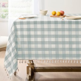 Softalker Spring Checkered Tablecloth Rectangle, Heavy Weight Cotton Gingham Boho Table Cloth with Tassel, Wrinkle Free Buffalo Plaid Table Cover for Dining/Party/Outdoor - 55 x 70 Inch, Aqua