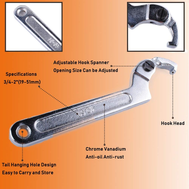 Wadoy Adjustable C Spanner Hook Wrench Chrome Vanadium 3/4-2"(19-51Mm)+2-4 3/4"(51-121Mm)