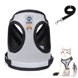 Cat Lead Set for Cats, Polyester Adjustable Cat Harness with Lead, Cat Vest with Reflective Strips for Kittens, Dogs (Grey, S)
