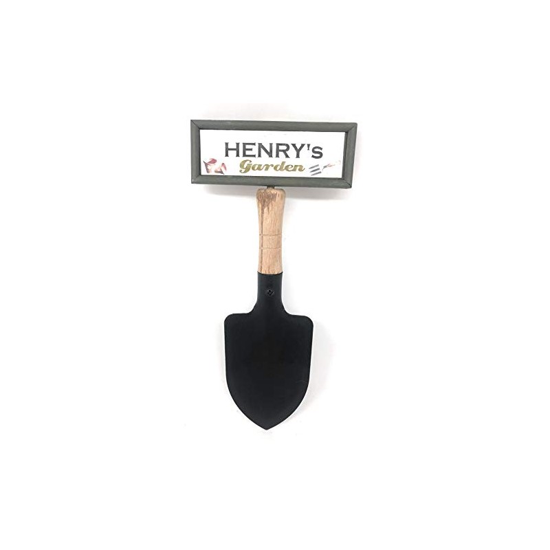 "Welcome to Henry's garden" hanging shovel sign