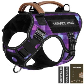 HEYCAHVA Service Dog Harness - Full Metal Buckles Dog Vest for Medium Large Dogs, Reflective No Pull with Leather Handle, Hook & Loop for Hiking Training (Purple, M)
