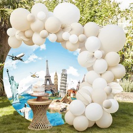 TTQYFNM 6.5x6.5ft Around The World Round Backdrop Cover Globe Travel Famous Landmark Earth Map Worldwide Vacation Photography Background for Wedding Honeymoon Kids Adult Portrait Photo Studio Props