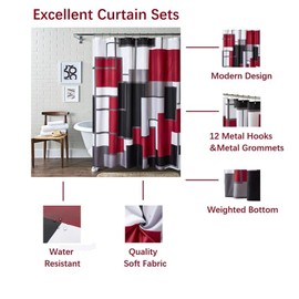 YOSTEV Modern Geometric Shower Curtain Red,RED and Black White Waterproof Shower Curtain Set for Bathroom Restroom with 12 Metal Hooks, 72 x 72 inch