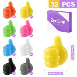 ZeriLion 32 Pack Thumbs Up Wall Hooks, Self-Adhesive Silicone Clips for Cable Management, Key Holder, Desk Organizer, Fun Decorative Hooks for Office and Home