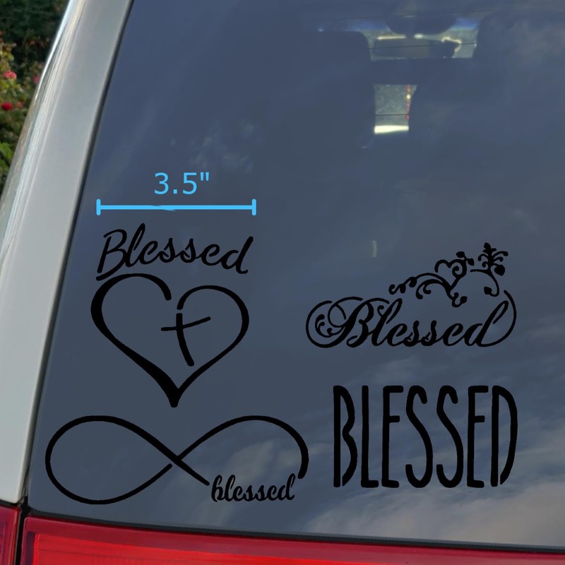 Blessed Decals Pack: Heart Cross, Infinity, Text (Small 3.5", Black)