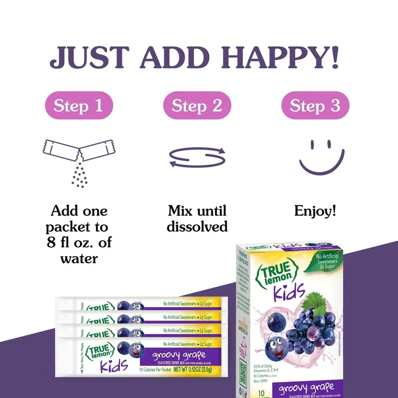 TRUE LEMON KIDS Groovy Grape (10 Packets) for Hydration -