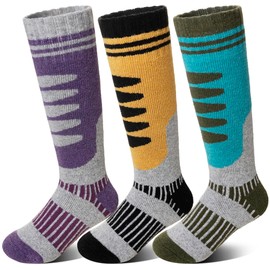 DoSmart Kids Merino Wool Ski Socks 3 Pairs Boys Girls Thermal Winter Thick Warm Cozy Boot Socks for Skiing Snowboarding(Yellow/Blue/Purple,8-12 Years)