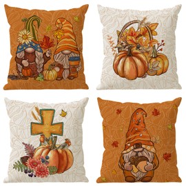 ZAEW Fall Pillow Covers Watercolor Gnomes Pumpkins Cross Maple Leaves Flowers Birds Throw Pillow Cases Set of 4 Autumn Decorations for Farmhouse Home Sofa Couch Outdoor Holiday Decor 16x16 Inch