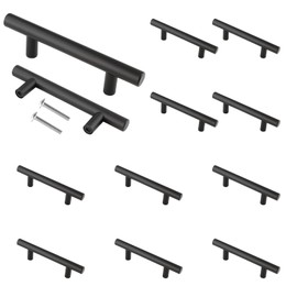 Cjueiom 12 Pack Matt Black Cupboard Handles 64mm Hole Center T Bar Handles, Stainless Steel Drawer Long Wardrobe Door Pulls, 100mm Length for Bedroom Drawer
