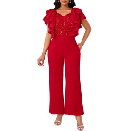 IWFEV Women's Jumpsuit Sequins Patchwork Overlay Ruffle Sleeveless Full Length V-Neck Romper with Pockets XXL Red