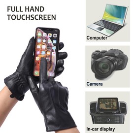 NOVBJECT Mens Leather Driving Gloves Full Touchscreen Winter Warm Gloves Fleece Lining, Black, XL