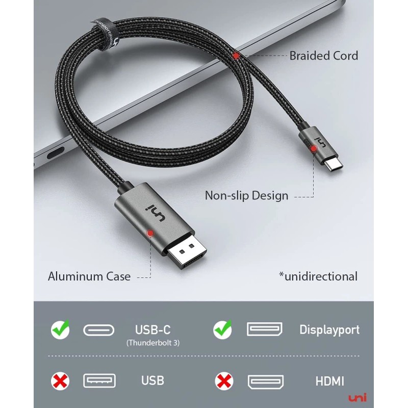 uni USB C to DisplayPort Cable (4K@60Hz, 2K@144Hz, 2K@165Hz), 1m/3ft