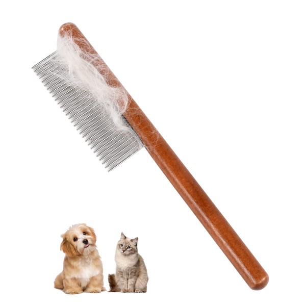 Cat comb WeoDeaeo, Solid Wooden Pet Comb, Dog Comb with Rounded and Smooth Ends Stainless Steel Teeth,Grooming Comb for Cats and Long-hair Dogs,Professional Grooming Comb for Removes Tangles and Knots