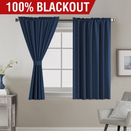 H.VERSAILTEX 100% Blackout Curtains 45 inches Length Blackout Window Treatment Panels for Nursery Thermal Insulated Rod Pocket Drapes for Short Window, 2 Panels, 52 inches Width Each Panel, Navy