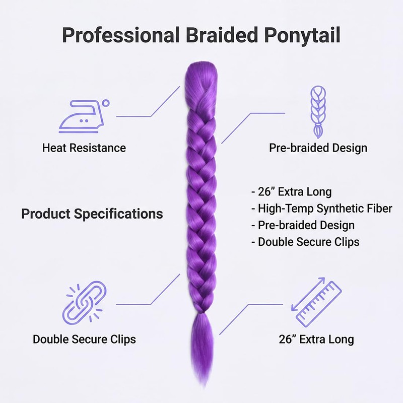Purple Braided Ponytail Hair Extension, 26-Inch