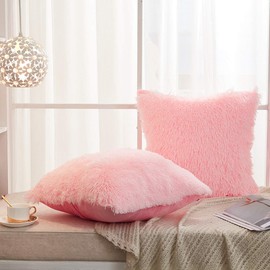 JAUXIO Set of 2 Long Faux Fur Soild Decorative Pillowcase Fluffy Throw Pillow Cover Velvet Shaggy Plush Cushion Case for Couch (18X18 Inches Pink)