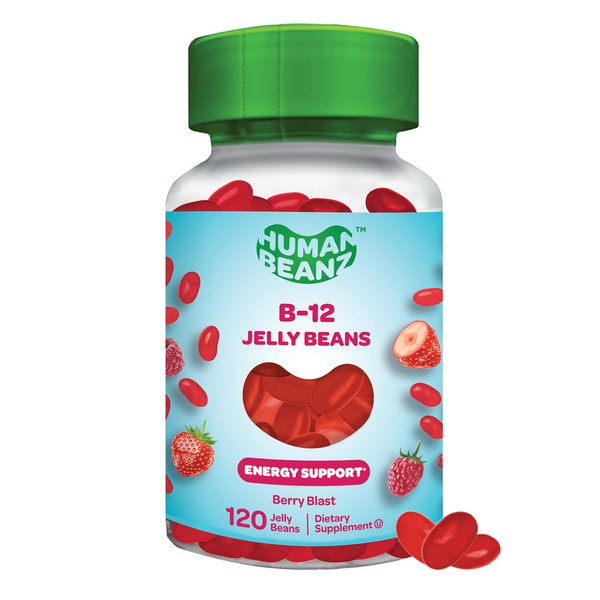 Human Beanz Vitamin B12 Jelly Bean Gummies for Adults, Brain Health and Energy Booster, Healthy Hair, Skin, and Nails, Nutritional Vegetarian Supplements, 120 Berry Blast Jelly Beans, Kosher