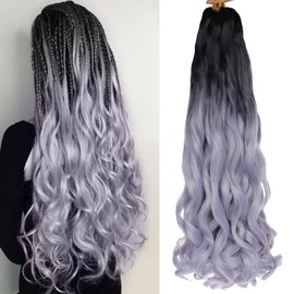 Unionbeauty French Curl Braiding Hair 22 Inch for Goddess Box Braids Crochet Hair with Curly Ends 8 Packs Loose Wave Crochet Braids Ombre Grey Synthetic Hair Extension for Black Woman 1B/Grey#