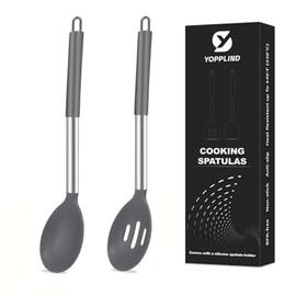 3-Pack Silicone Cooking Spoon Set, Heat-Resistant, Non-Stick Safe, BPA-Free, for Mixing, Serving, Draining, and Cooking, Includes Multi-Purpose Spoon Rest Pad (gray)