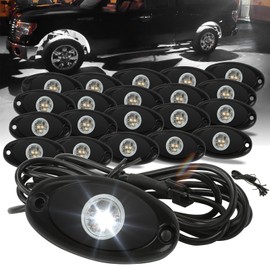 SUNPIE 20 Pods White Rock Lights – Quick Connect, 3 High Power Chips, 5M Extension Wires, Mounting Pads Included, 6000K Pure White, IP67 Waterproof, Fits Trucks, SUV, ATV, UTV, Trailer