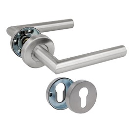 Amig - Set of Handles with Rosette for Doors | 136 x Ø19 mm | Elegant and Simple Design | Ideal for Your Home or Office | Stainless Steel | Matte Silver | Includes Keyhole for cylinders