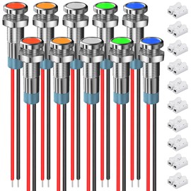 Xiatiaosann 10 Pcs 6mm 12-24V LED Indicator Light 5 Color(Green/Yellow/Red/Blue/White) Waterproof Metal Flat Head Panel Mount Signal Indicator Dash Light for Electronic Project with Connector